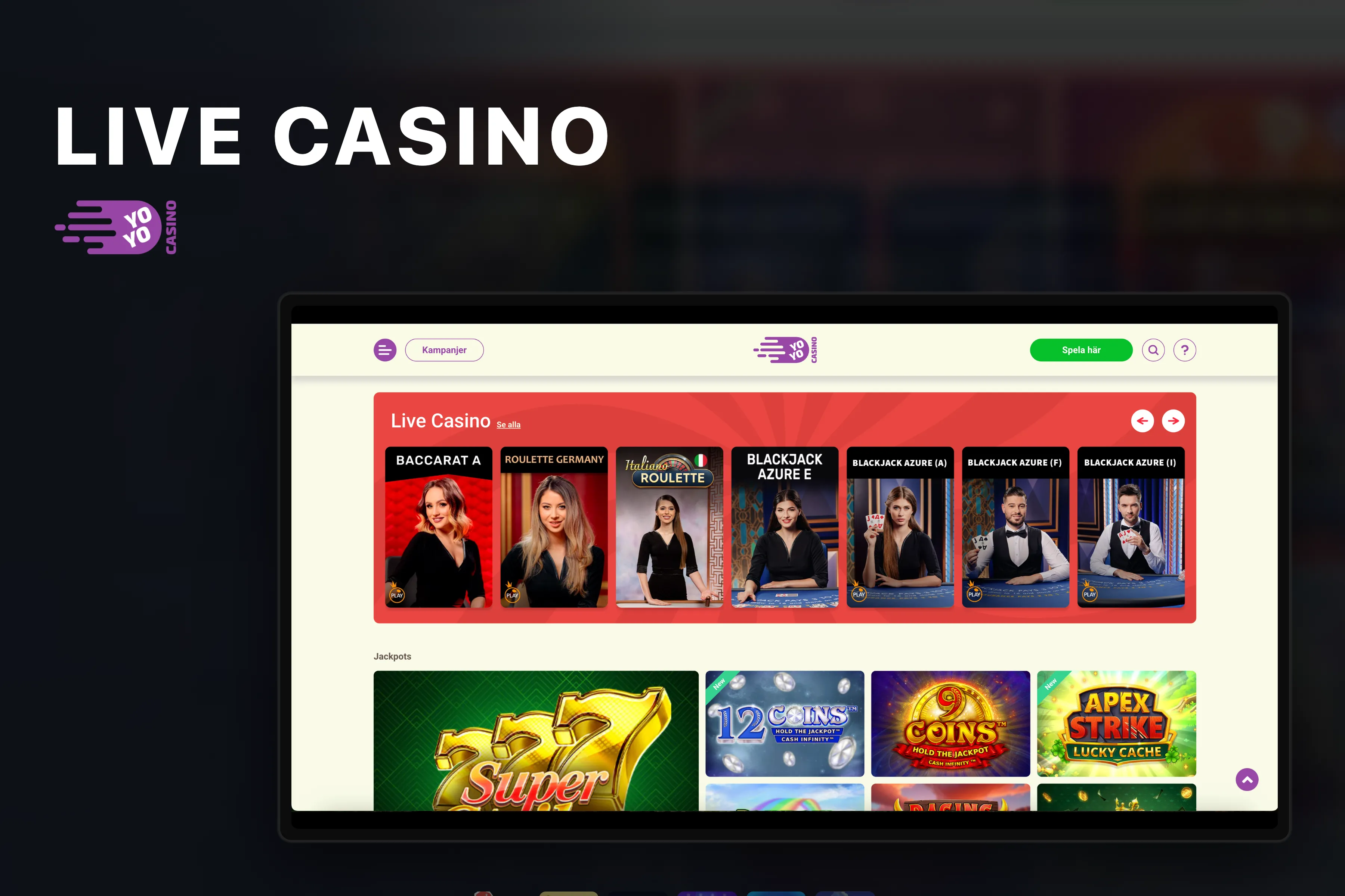 Live casino på Yoyo Casino — roulette, blackjack och spelshower.